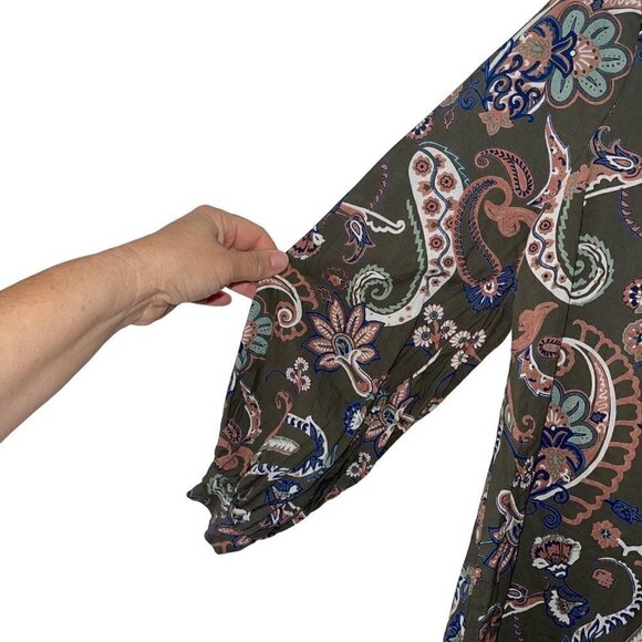 Mille Womens Top Size XS Green Le Marais Paisley Button Up Long Sleeve Tie Neck - Picture 6 of 10